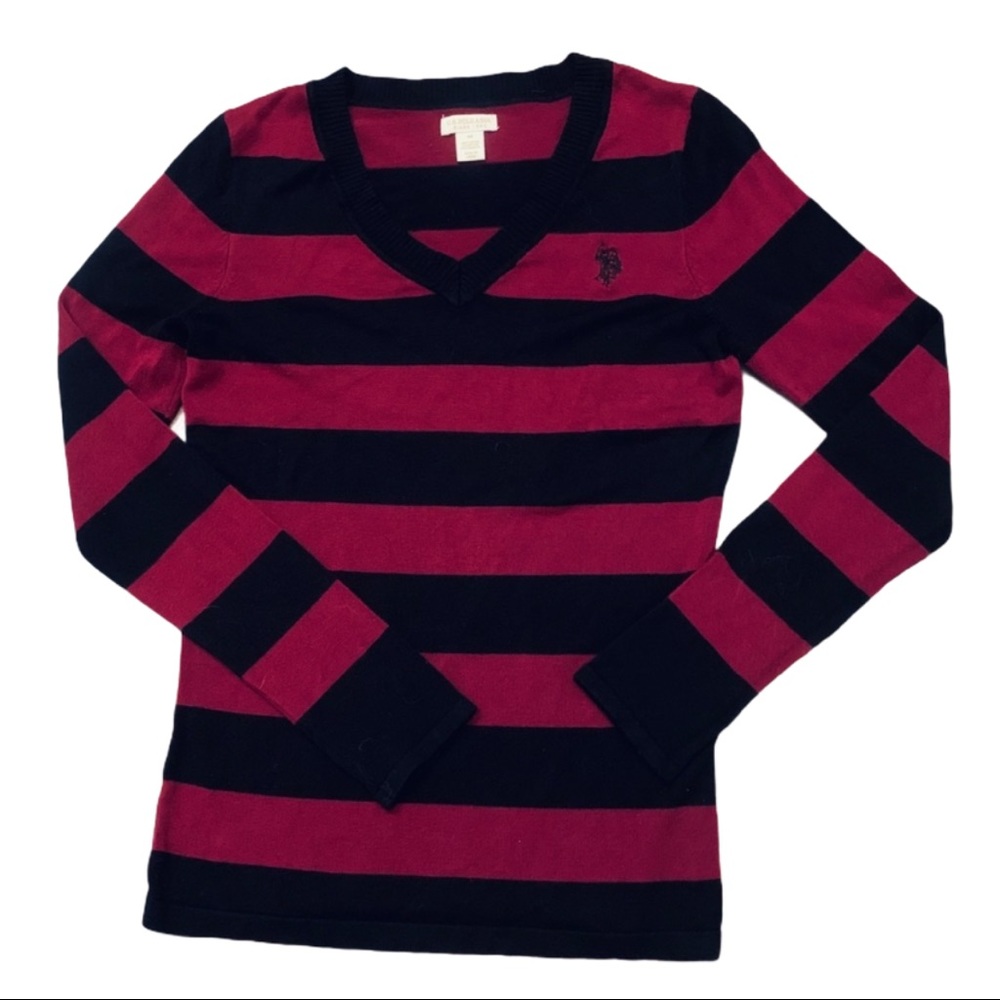 Striped V-Neck Sweater in Burgundy and Black